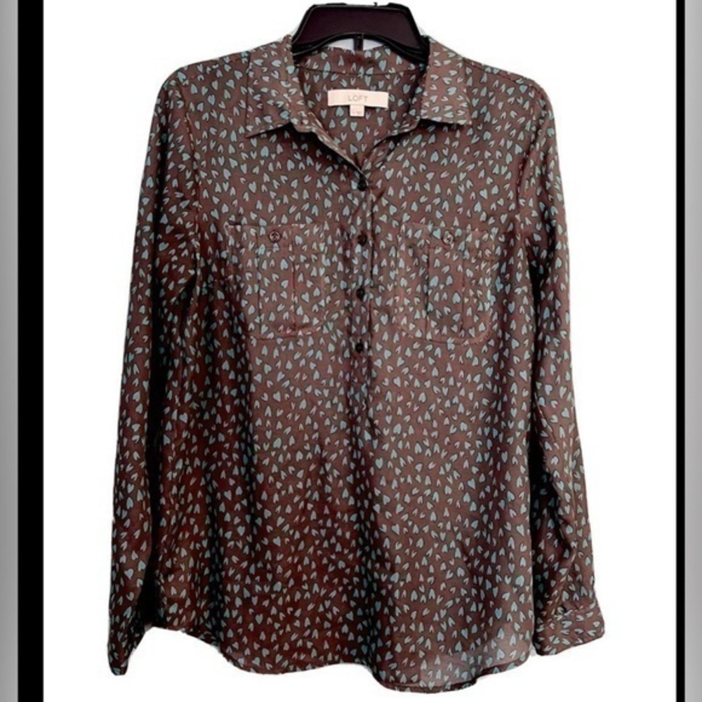 Ann Taylor LOFT Hearts Blouse Buttons Pockets Lightweight Small brown Turquoise